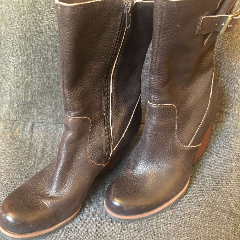 Kork-Ease Turner Brown Leather Heeled Mid-Calf Buckle Boots Sz 7
